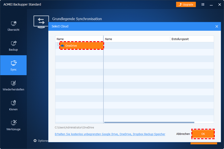 Wählen Sie OneDrive in AOMEI Backupper Standard zu synchronisieren