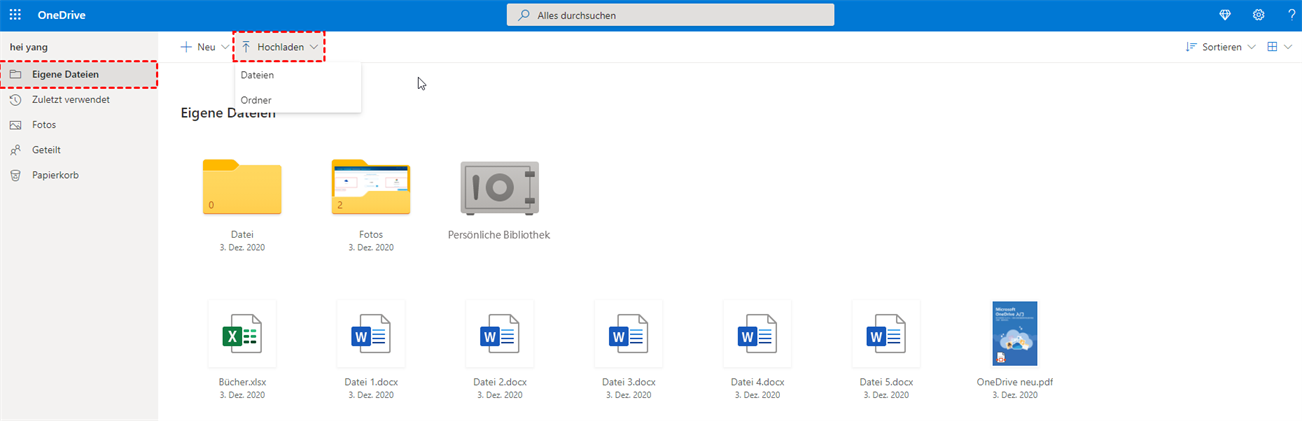 Dateien auf die OneDrive-Website hochladen