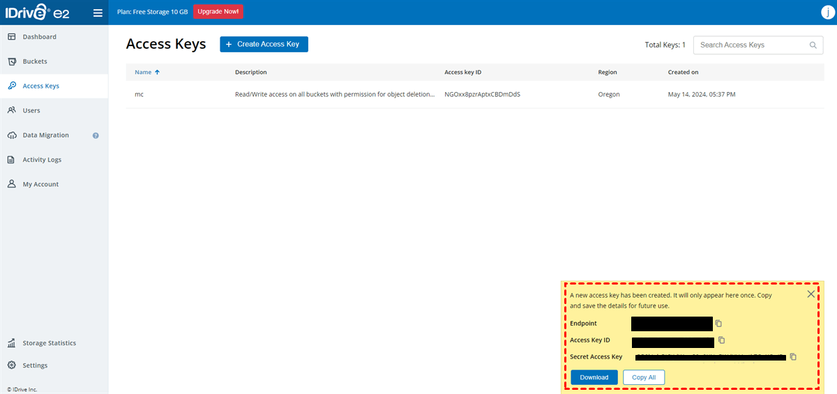 Zugriffsschlüssel-Details Zugriffsschlüssel-Details