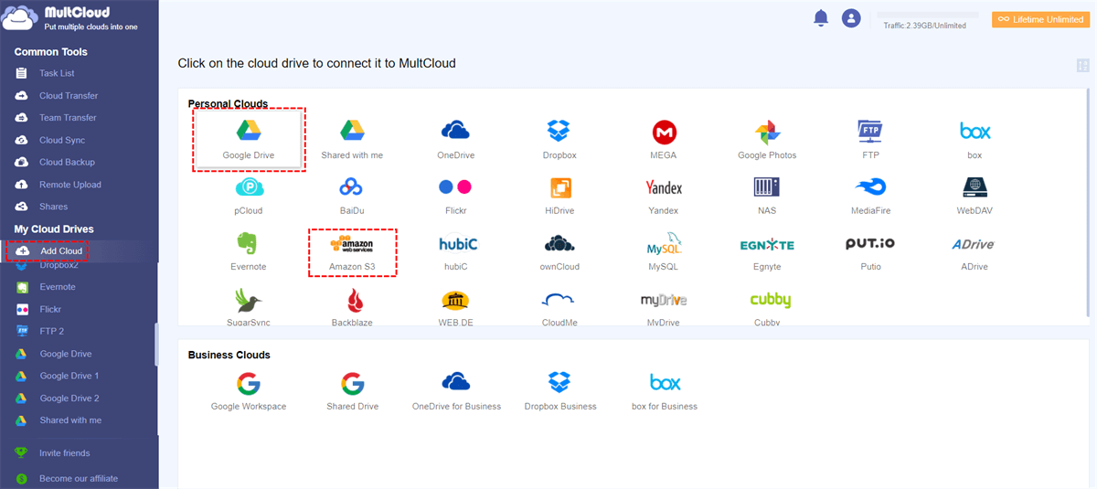 Add Amazon S3 and Google Drive to MultCloud