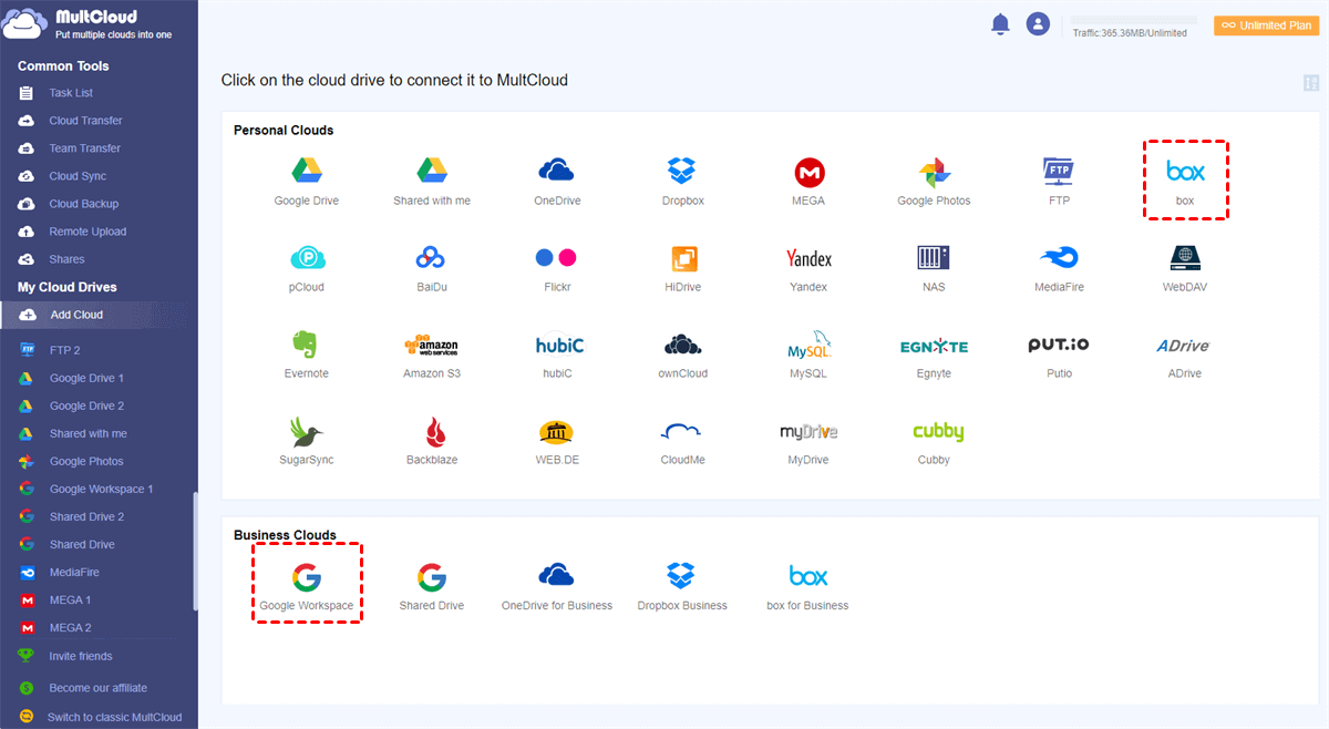 Add Box and Google Workspace to MultCloud