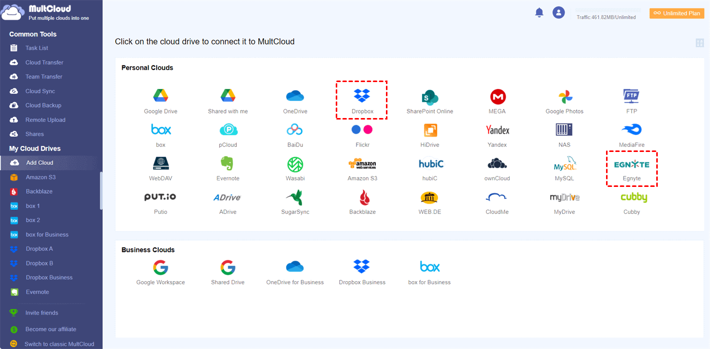Add Egnyte and Dropbox to MultCloud