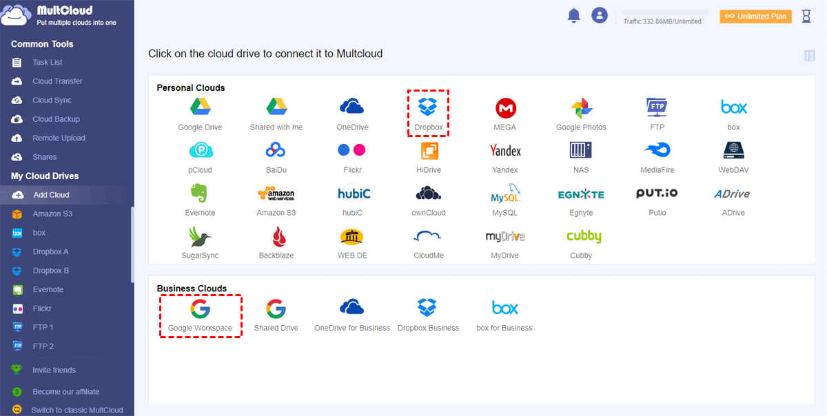 Add Dropbox and Google Workspace to MultCloud