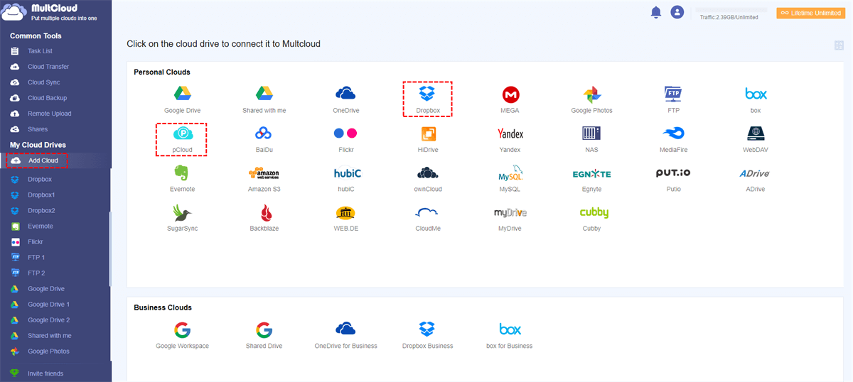Add Dropbox and pCloud to MultCloud