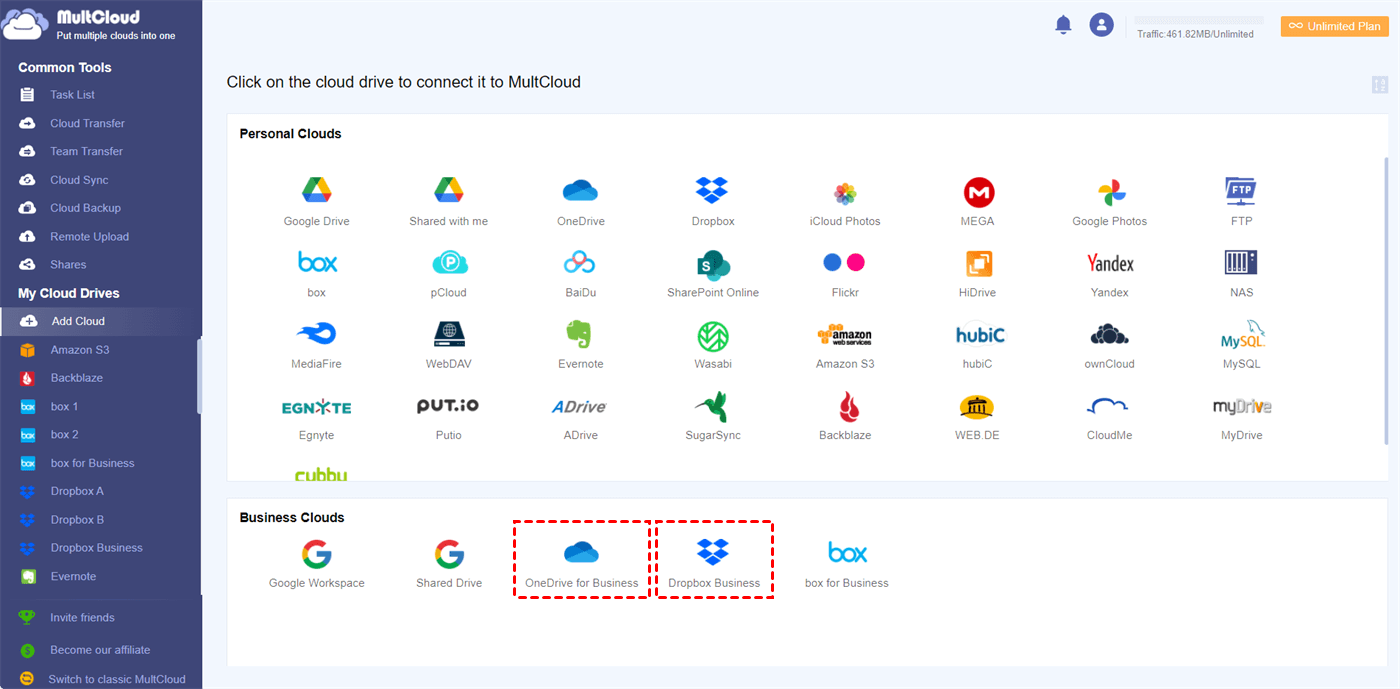 Add Dropbox Business and OneDrive for Business to MultCloud