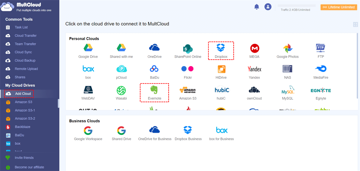 Add Evernote and Dropbox to MultCloud