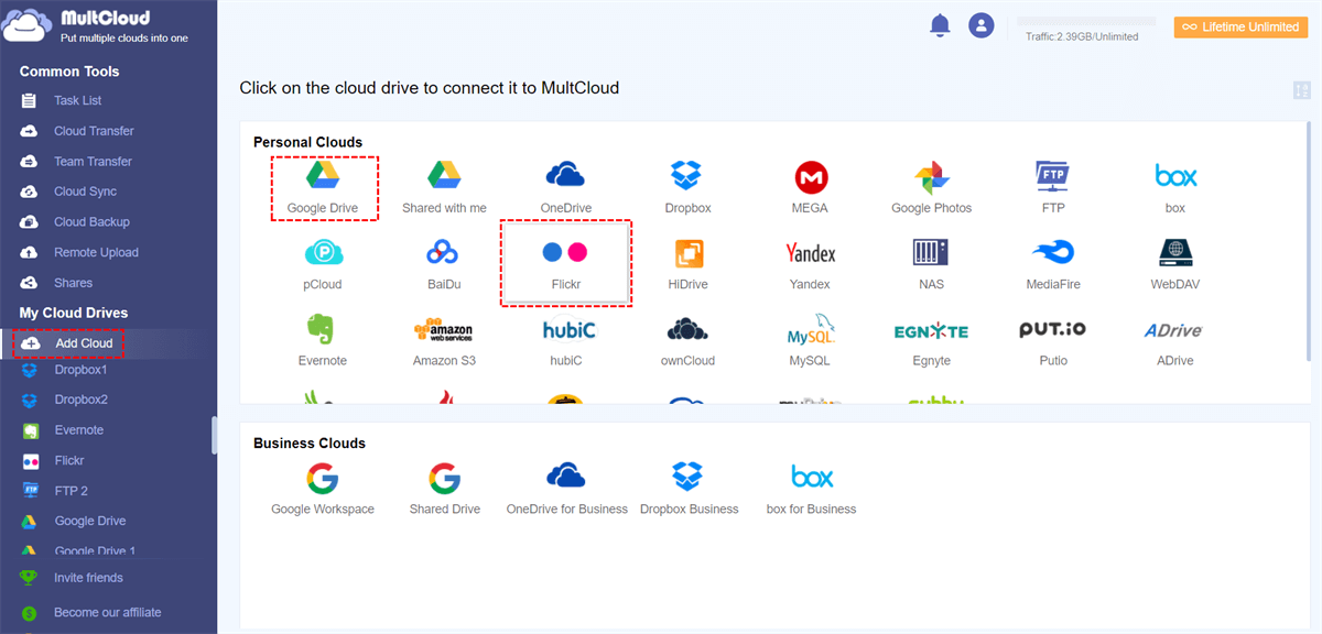 Add Google Drive and Flickr to MultCloud