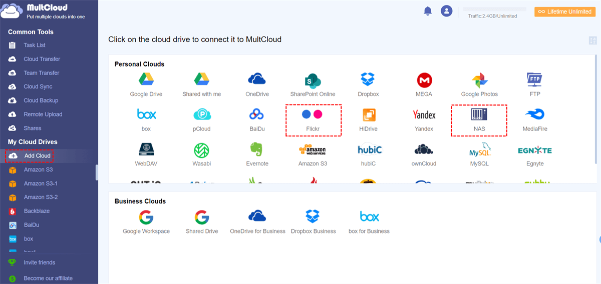 Add Flickr and Synology NAS to MultCloud
