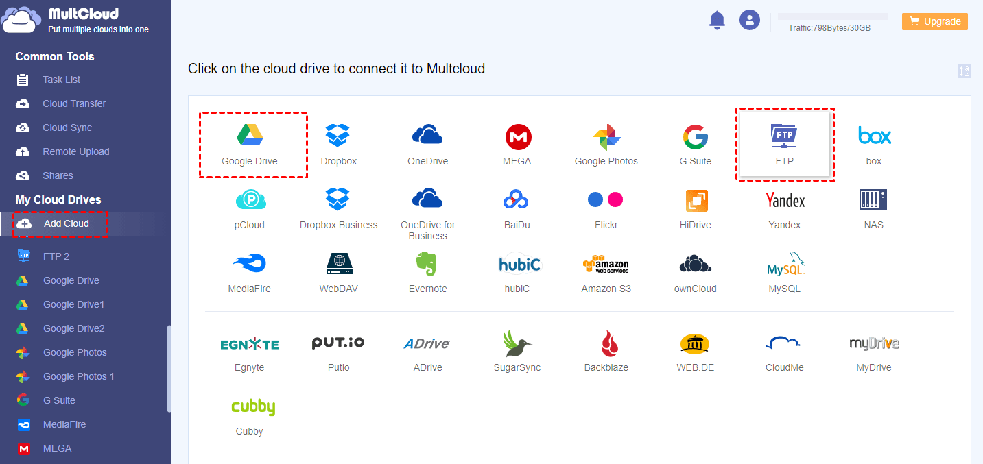 Add FTP and Google Drive to MultCloud