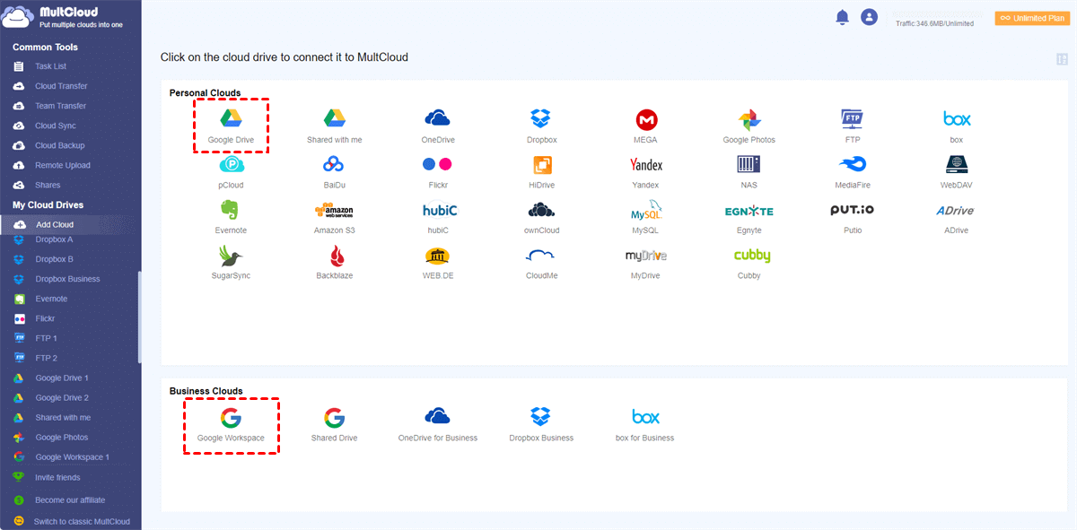 Add Google Drive and Google Workspace to MultCloud