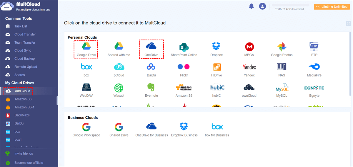 Add OneDrive and Google Drive to MultCloud