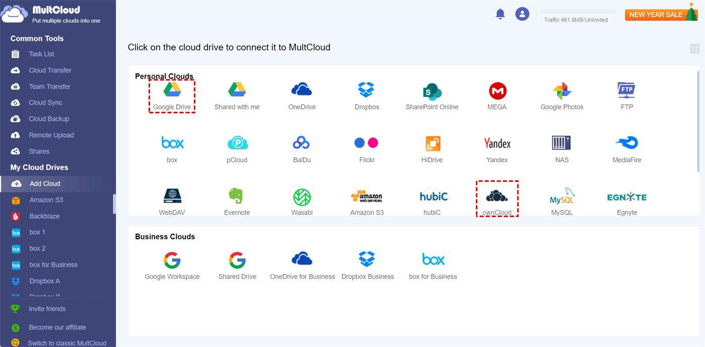 Add Google Drive and ownCloud to MultCloud