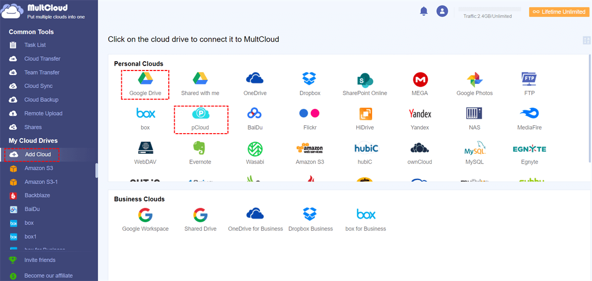 Add pCloud and Google Drive to MultCloud