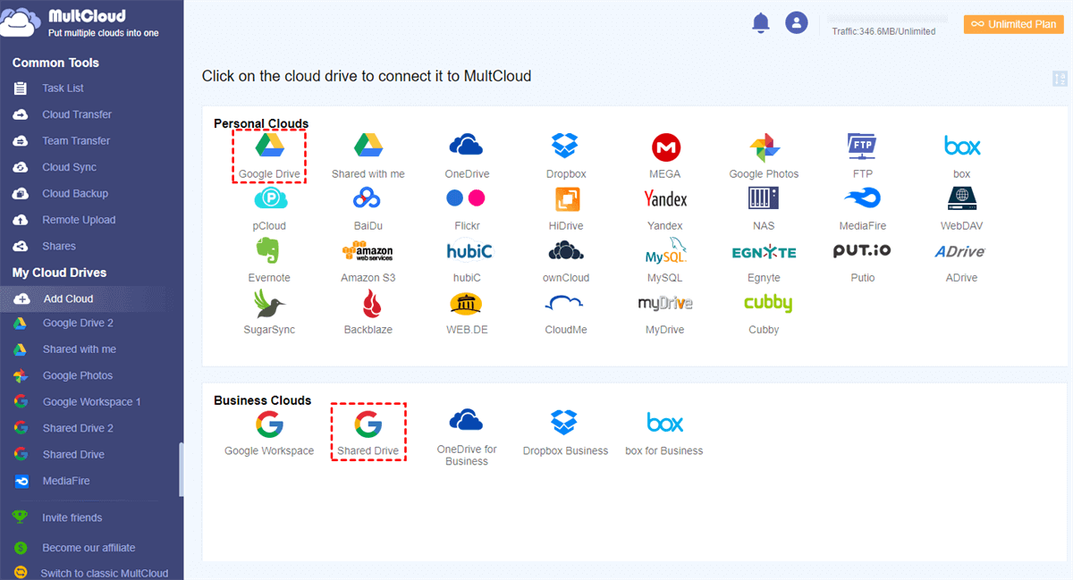 Add Shared Drive and personal Google Drive to MultCloud
