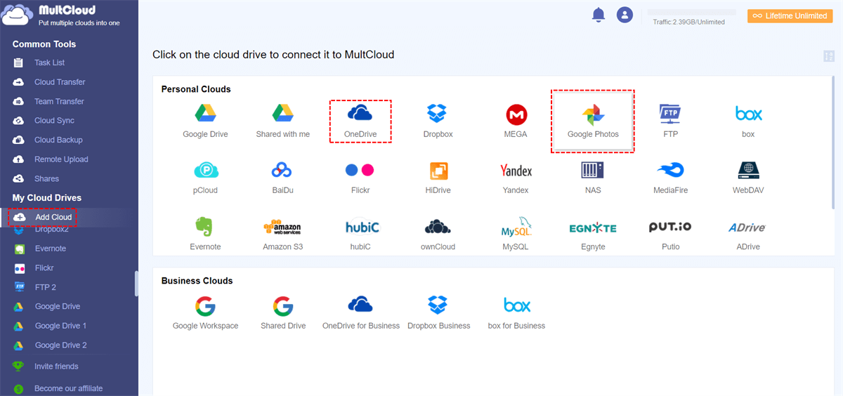 Add Google Photos and OneDrive to MultCloud