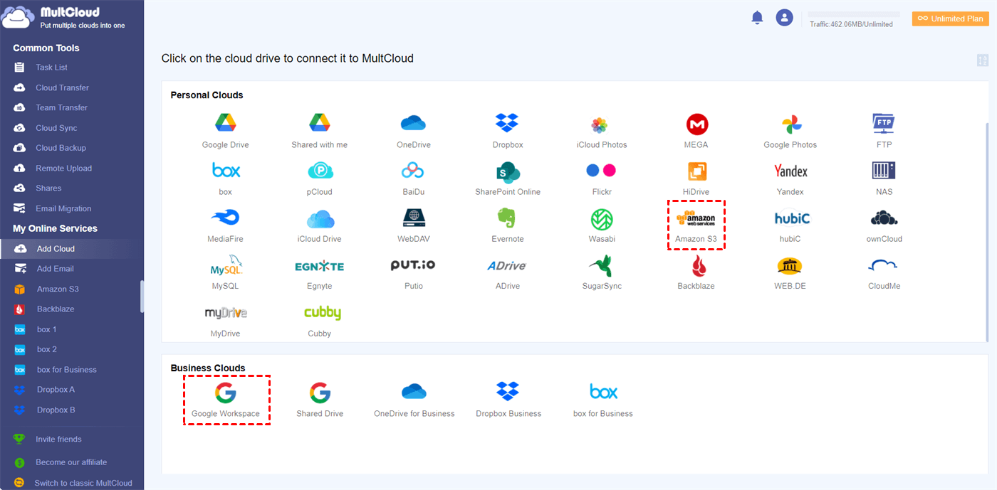 Add Google Workspace and Amazon S3 to MultCloud