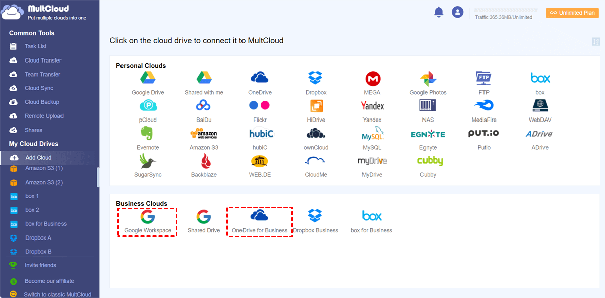 Add Google Workspace and OneDrive for Business to MultCloud