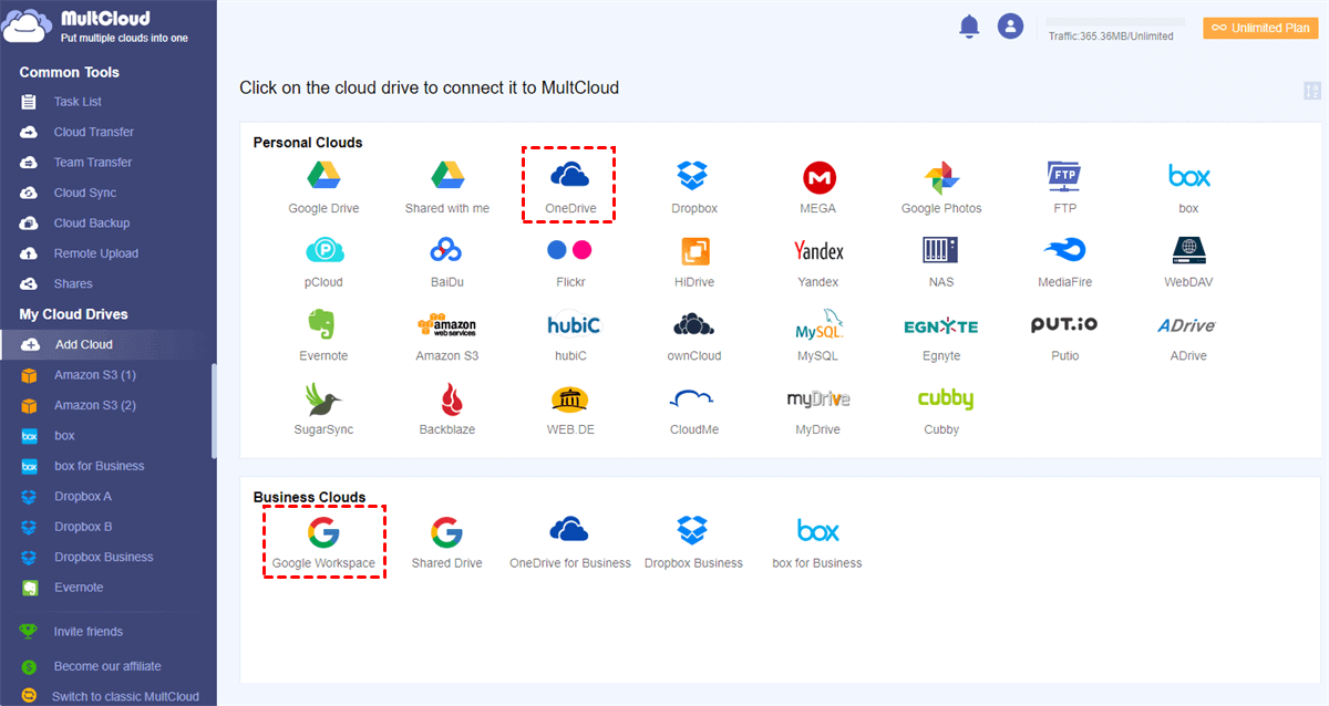 Add OneDrive and Google Workspace to MultCloud
