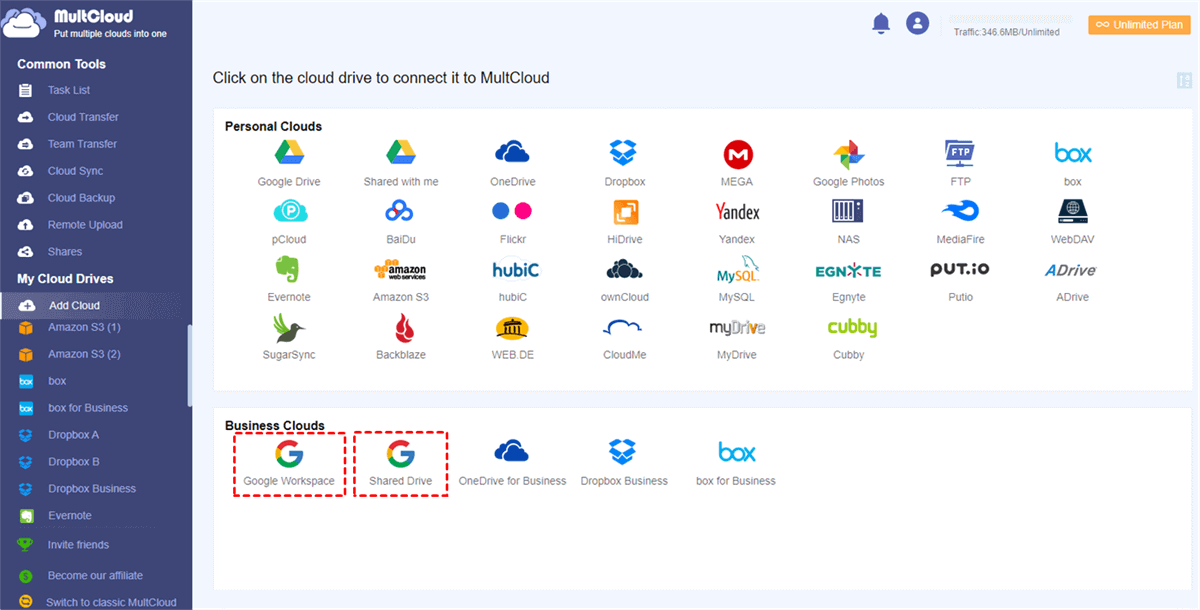 Add Google Workspace My Drive and Shared Drive to MultCloud