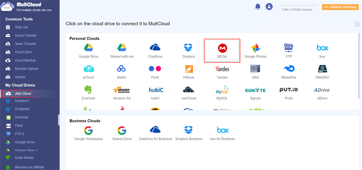 Add MEGA to MultCloud