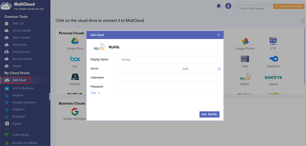 Add MySQL to MultCloud