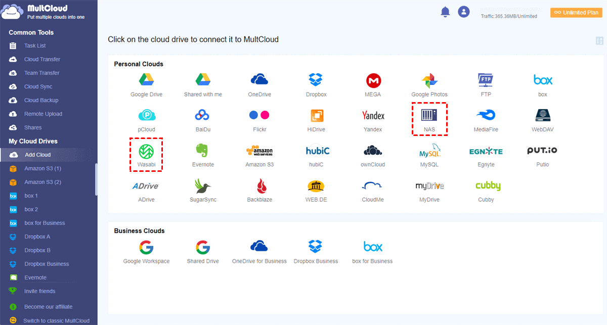 Add Synology and Wasabi to MultCloud