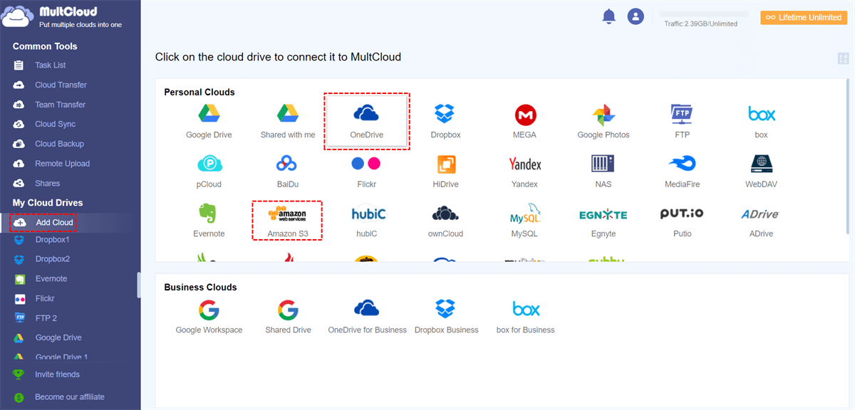 Add OneDrive and Amazon S3 to MultCloud