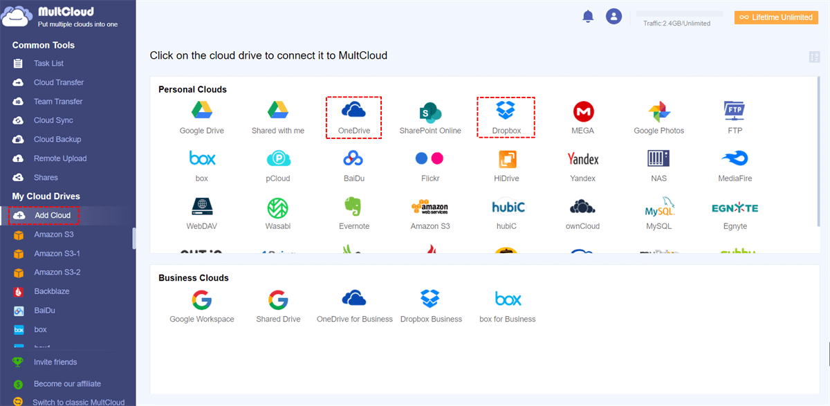Add Dropbox and OneDrive to MultCloud