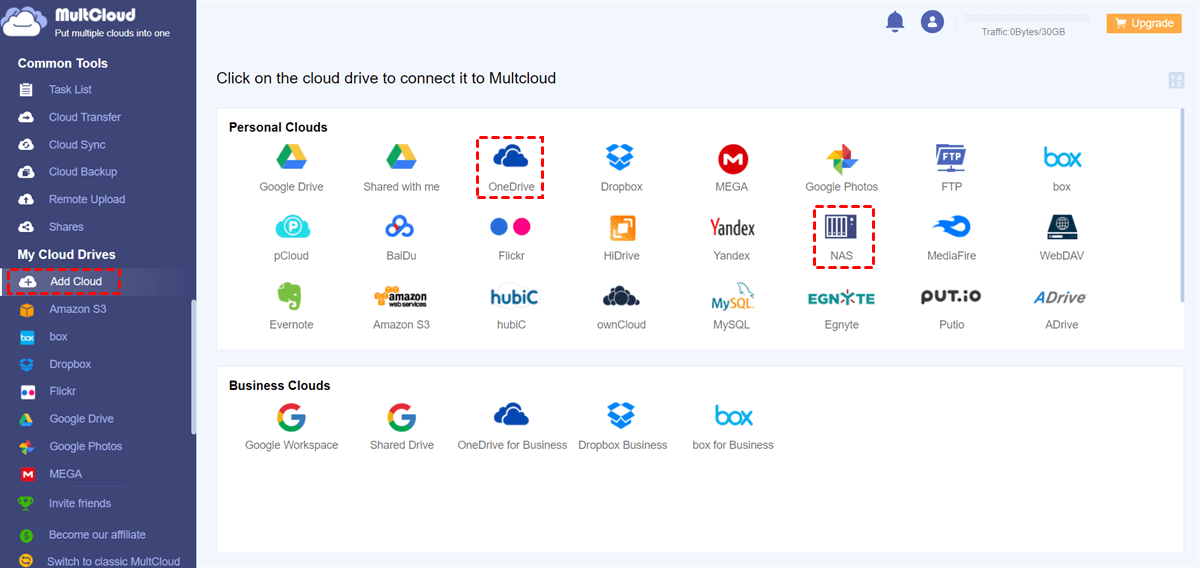 Add OneDrive and NAS to MultCloud