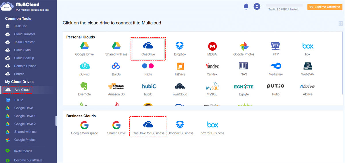 Add OneDrive and OneDrive for Business to MultCloud