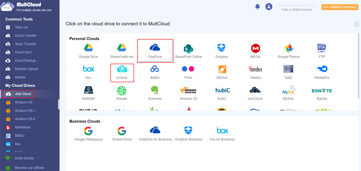 Add OneDrive and pCloud to MultCloud