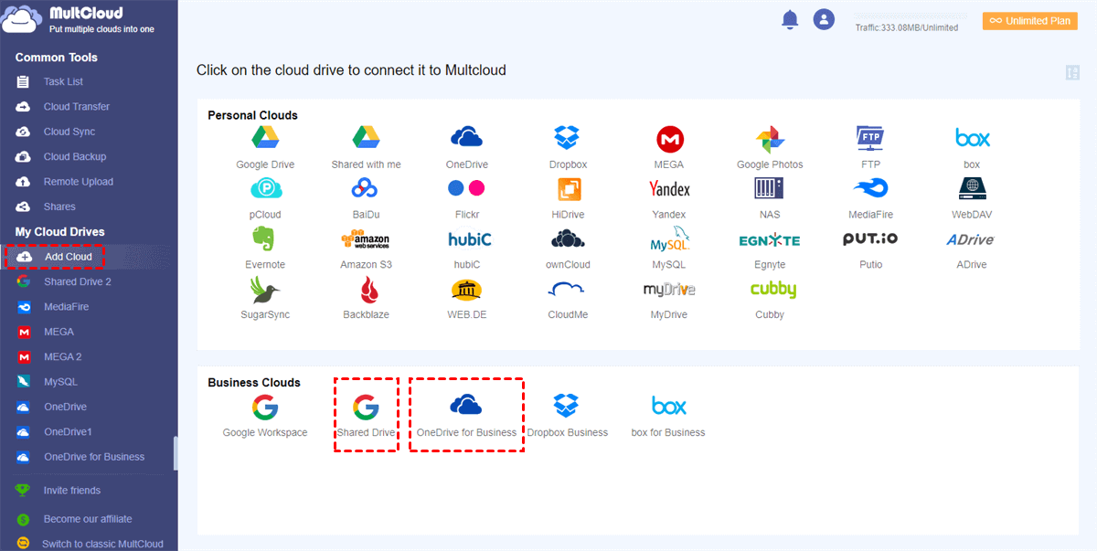 Add Shared Drive and OneDrive for Business to MultCloud