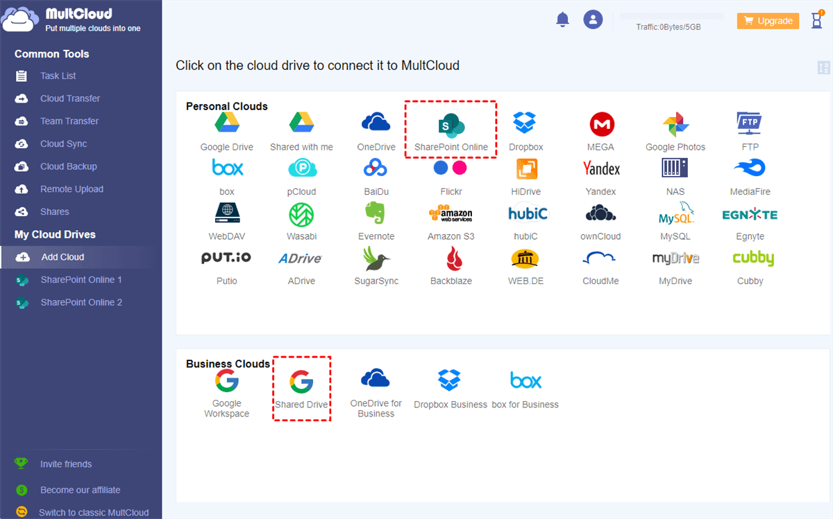 Add Shared Drive and SharePoint Online to MultCloud