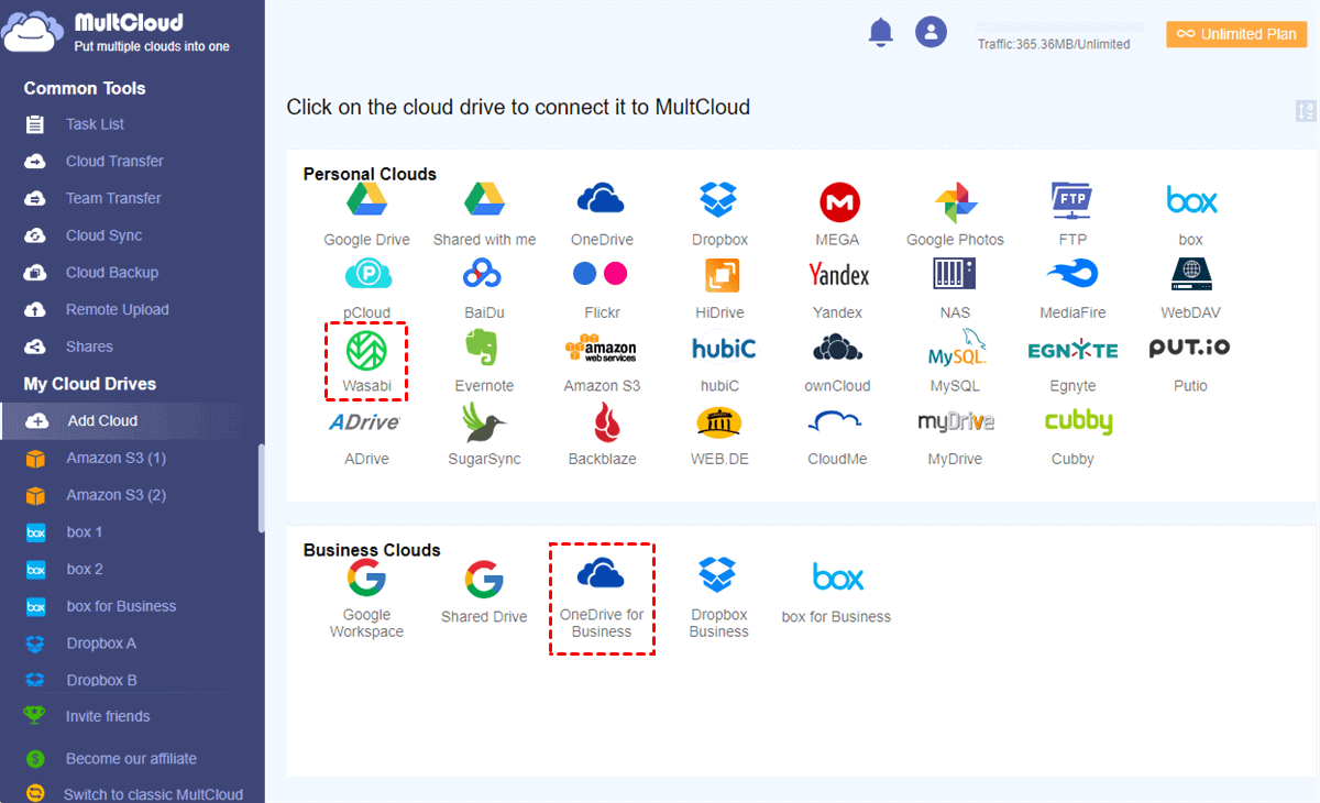 Add Wasabi and OneDrive for Business to MultCloud