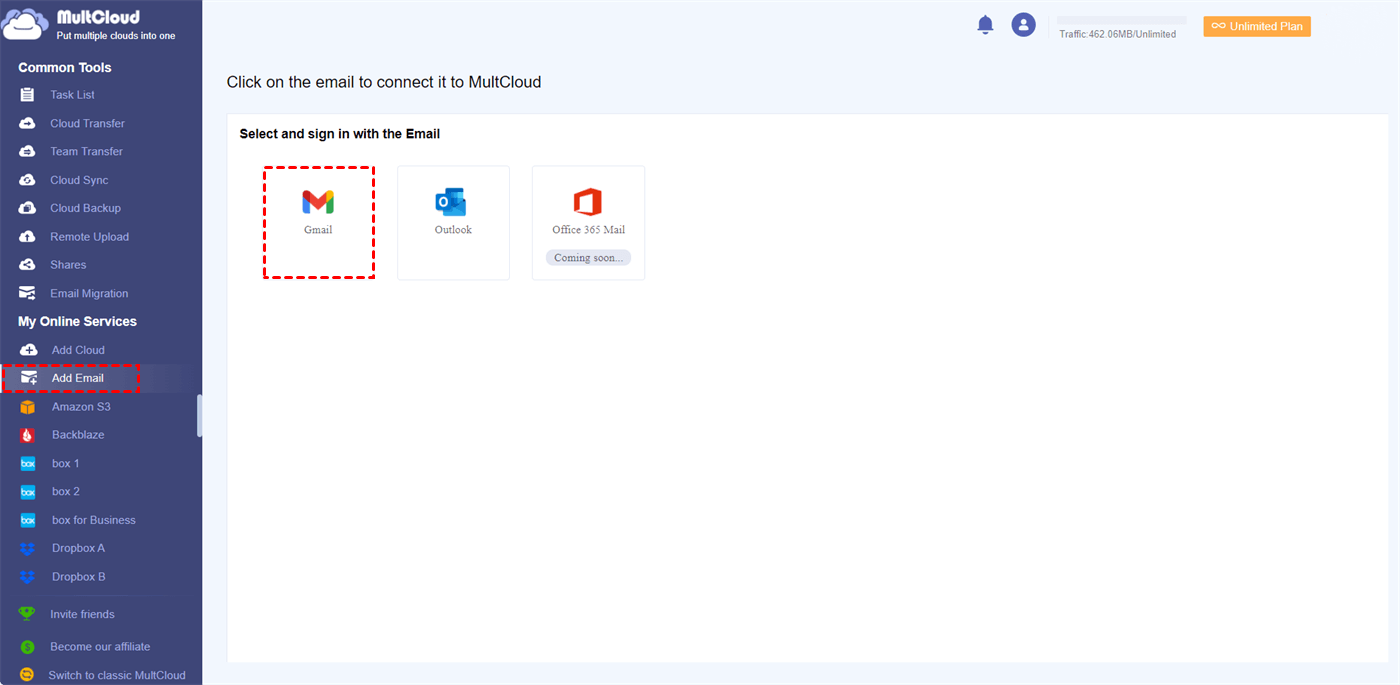 Add Gmail to MultCloud