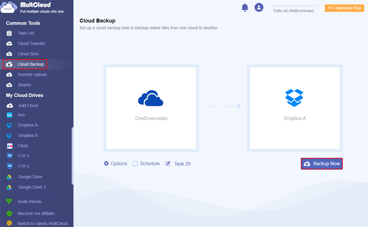 Backup from OneDrive to Dropbox by Cloud Backup