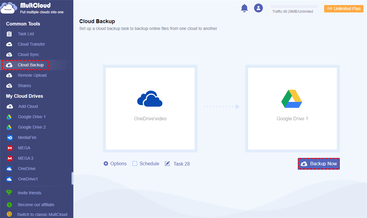 Backup from OneDrive to Google Drive in MultCloud