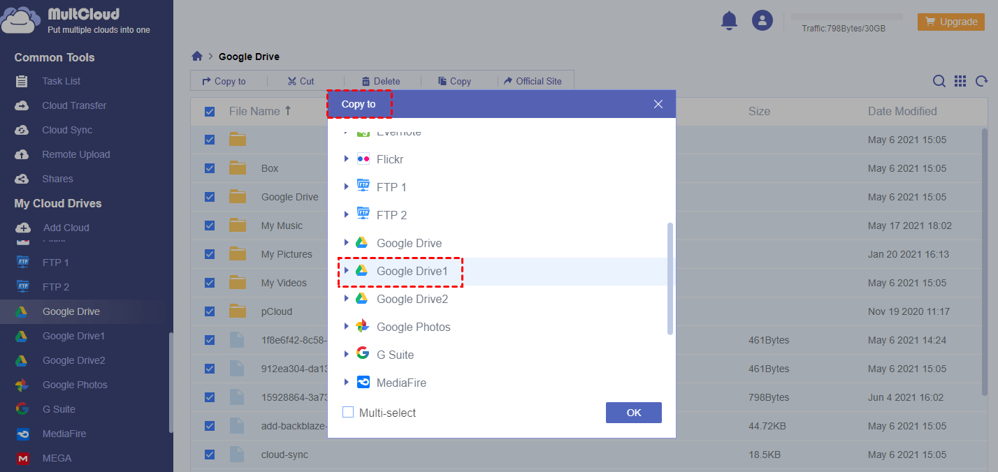 Transfer Google Drive Files to Another Account in MultCloud