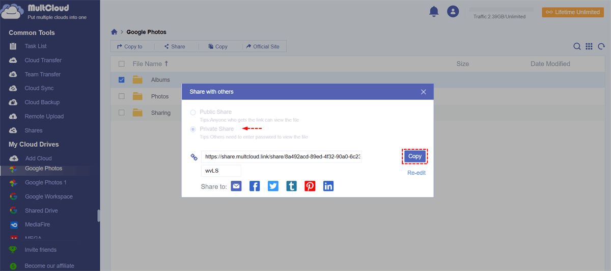 Share Google Photos Privately with Non-Gmail Users by MultCloud