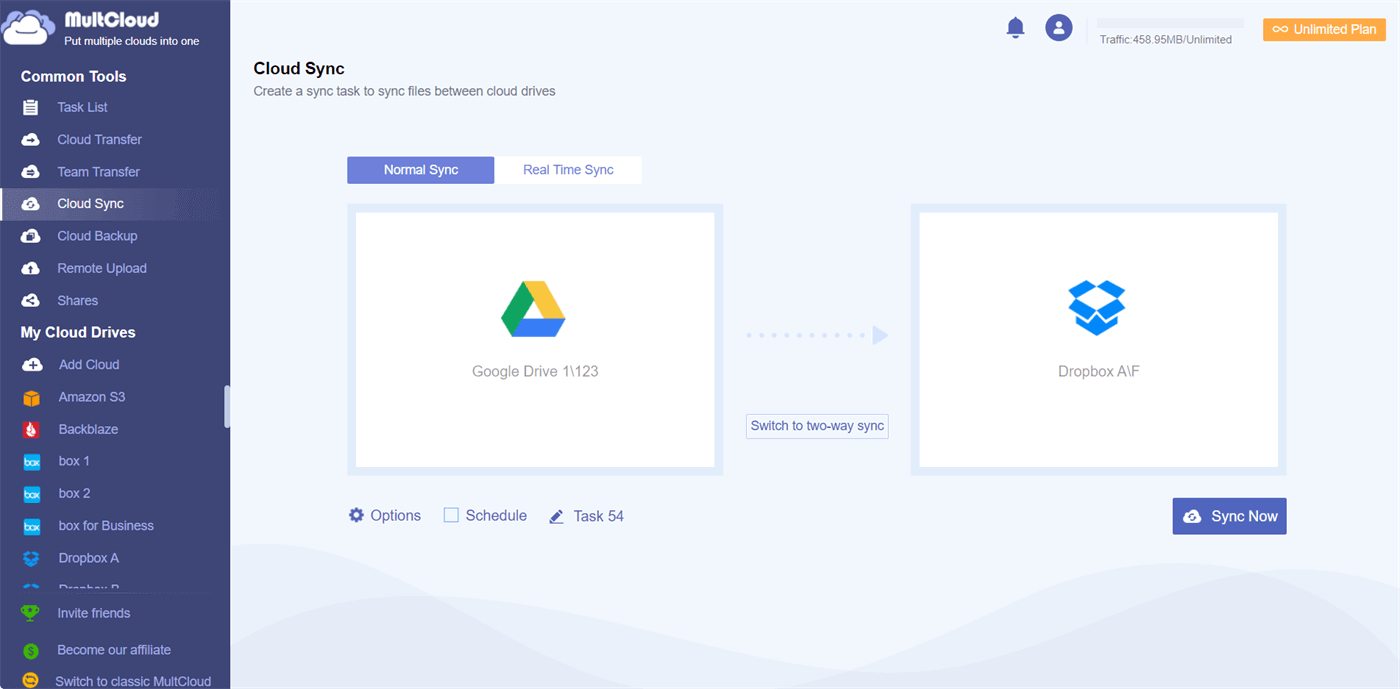 Connect Google Drive and Dropbox in MultCloud