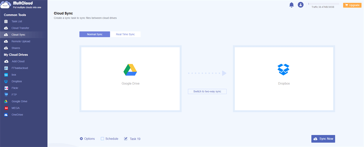 Sync Files between Google Drive and Dropbox in MultCloud