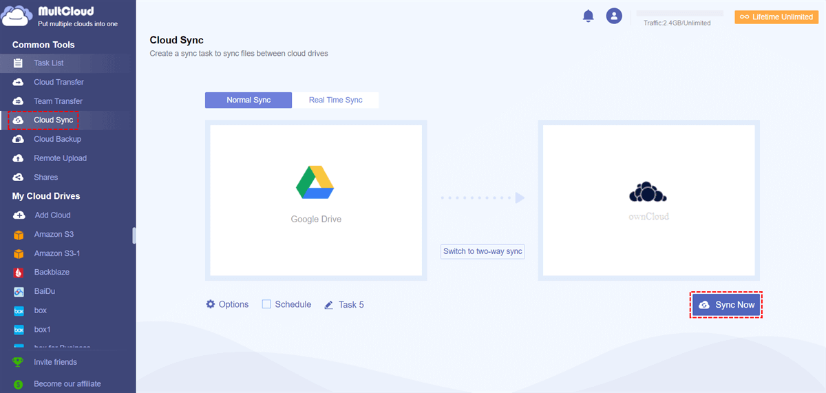 Sync Google Drive to ownCloud in MultCloud