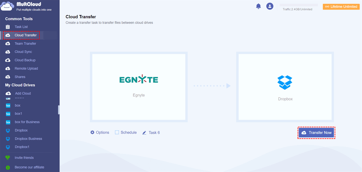 Transfer Egnyte to Dropbox in MultCloud