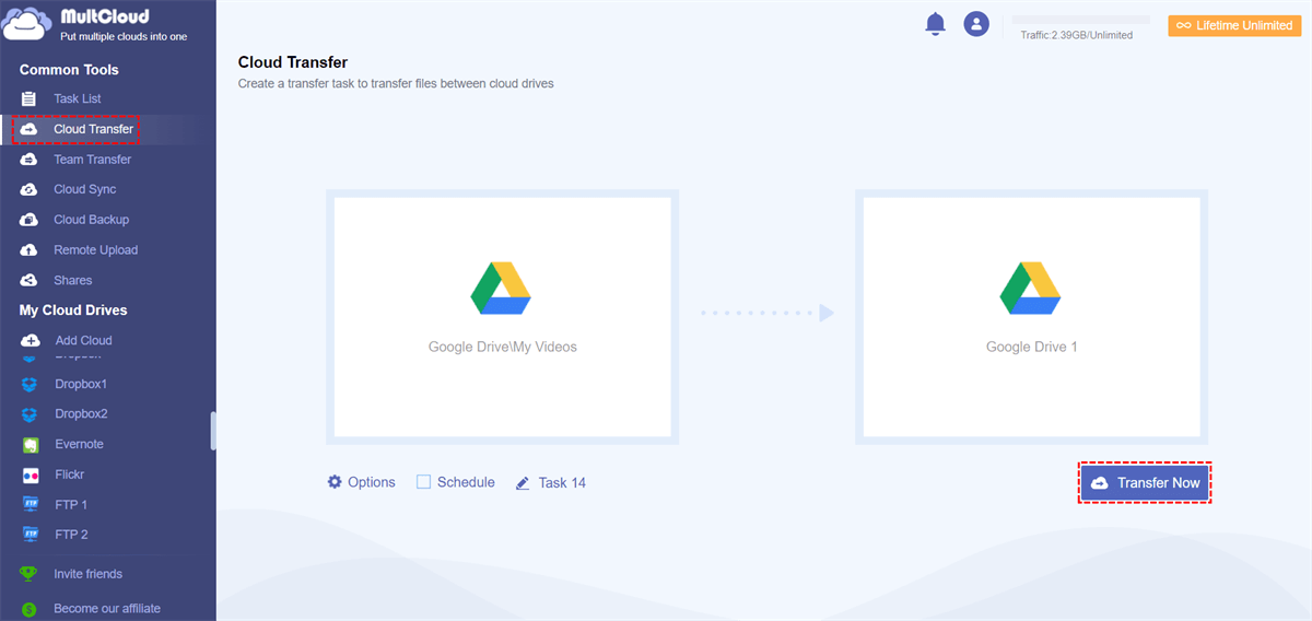 Transfer from One Google Drive to Another in MultCloud