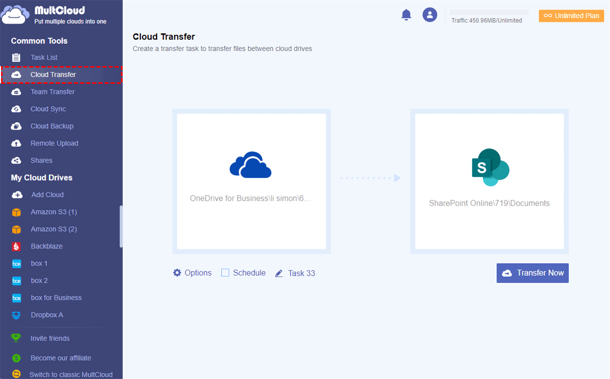 Transfer OneDrive for Business to SharePoint Online by Cloud Transfer