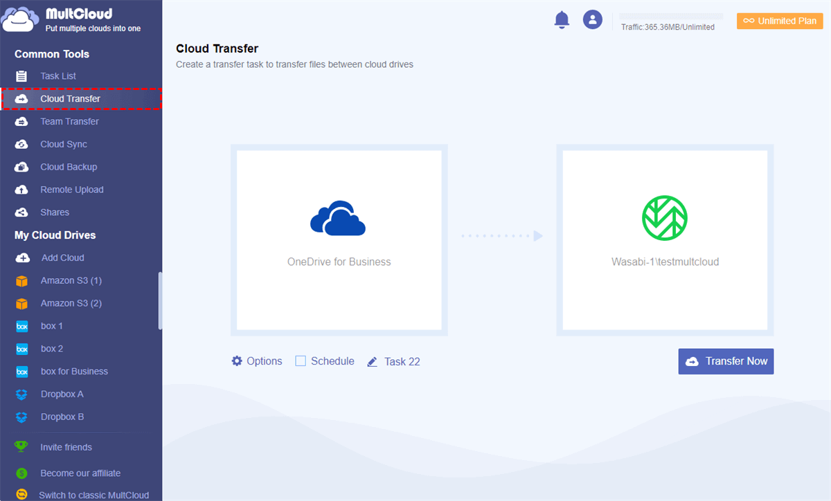 Transfer OneDrive for Business to Wasabi via Cloud Transfer