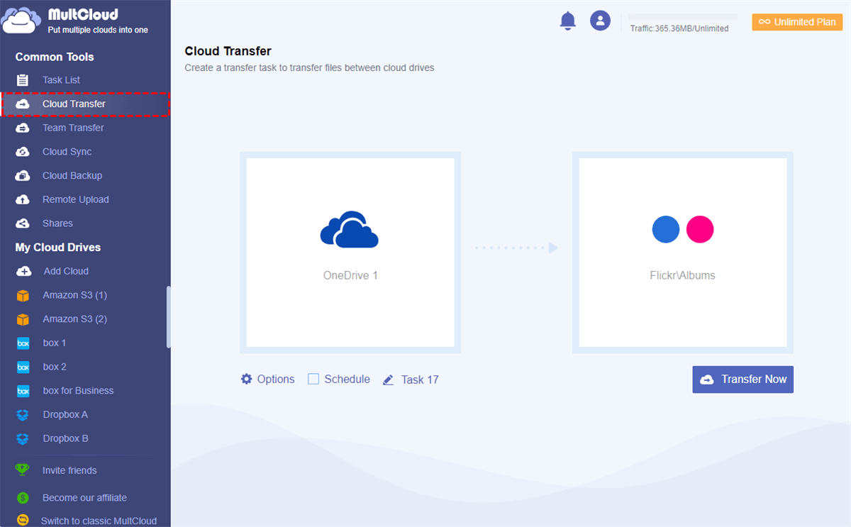 Transfer OneDrive to Flickr by Cloud Transfer