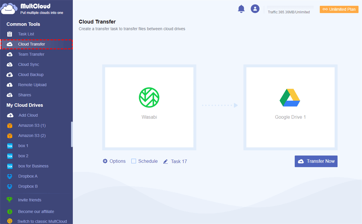 Transfer Wasabi to Google Drive by Cloud Transfer