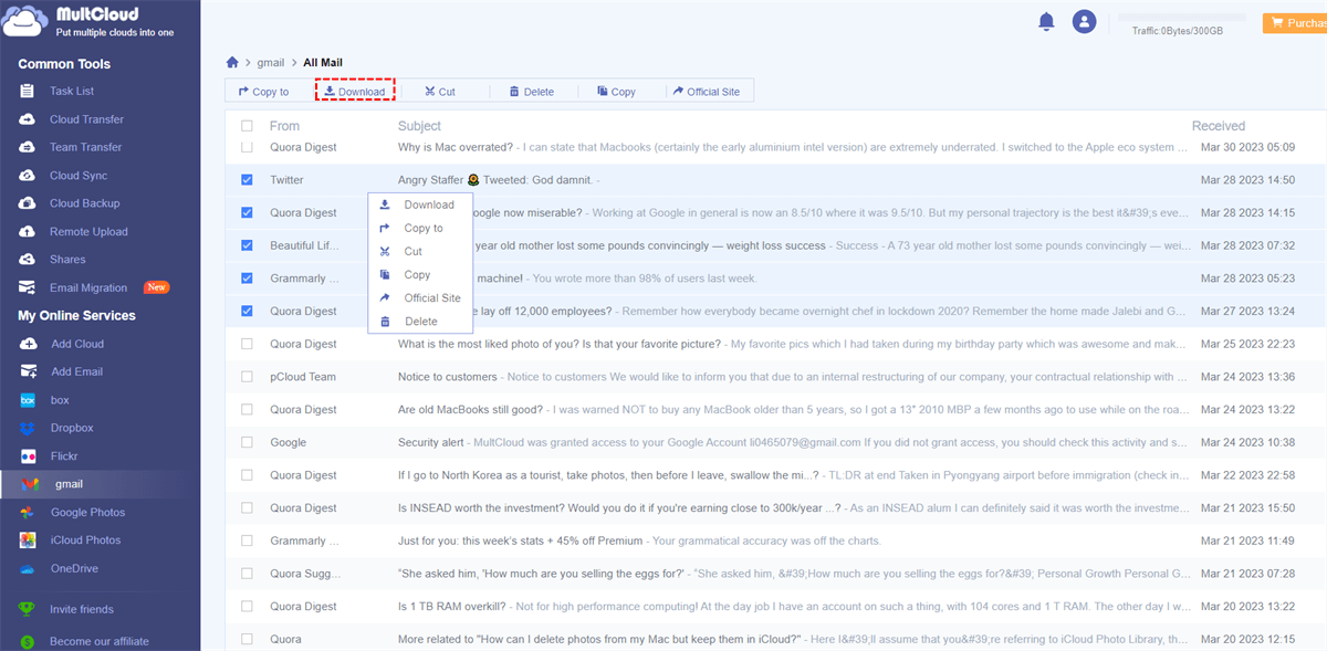 Select Gmail Emails on MultCloud