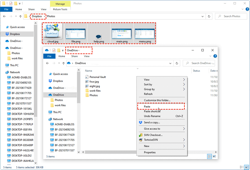 Copy from Dropbox to OneDrive via File Explorer